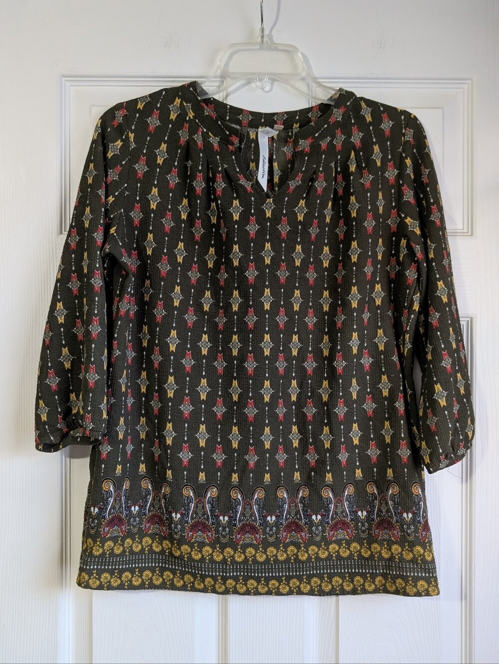 NY Collection Olive Green Boho Print Blouse Size S